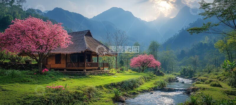 高清大图下载【趣麦麦图】桃树流水茅草屋3