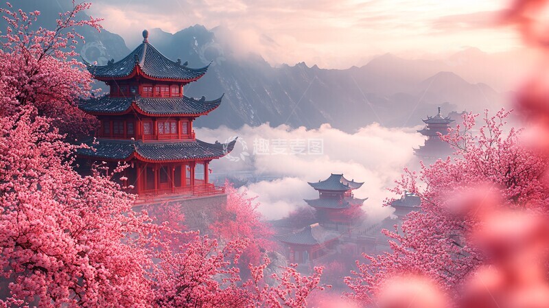 高清大图下载【趣麦麦图】-梅花古建云烟图