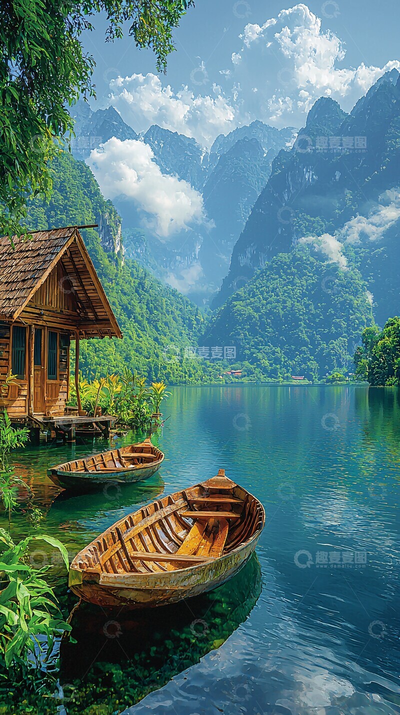 高清大图下载【趣麦麦图】湖面船屋静谧景2