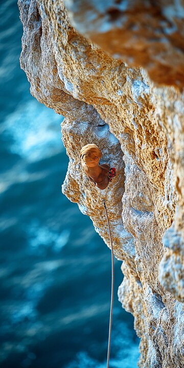 攀岩者绳索攀峭壁