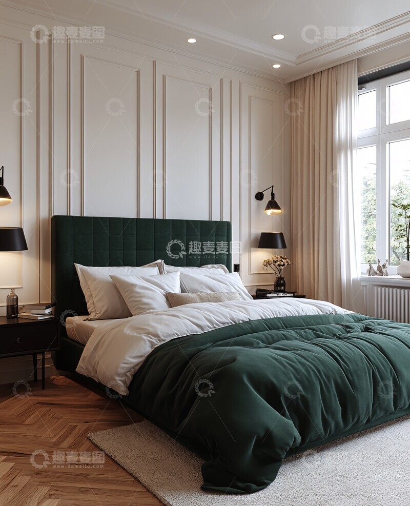 高清大图下载【趣麦麦图】-白墙绿绒卧室1