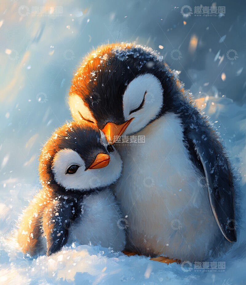 高清大图下载【趣麦麦图】企鹅与宝宝企鹅宝宝雪地