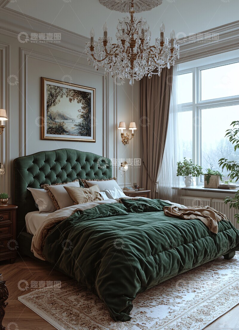 高清大图下载【趣麦麦图】灰色卧室绿色床2