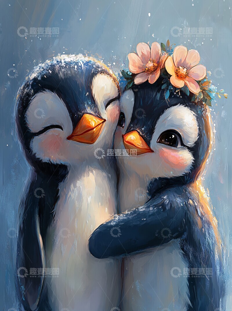 高清大图下载【趣麦麦图】企鹅母子花冠相拥3