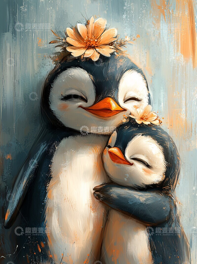 高清大图下载【趣麦麦图】企鹅母子花冠相拥1