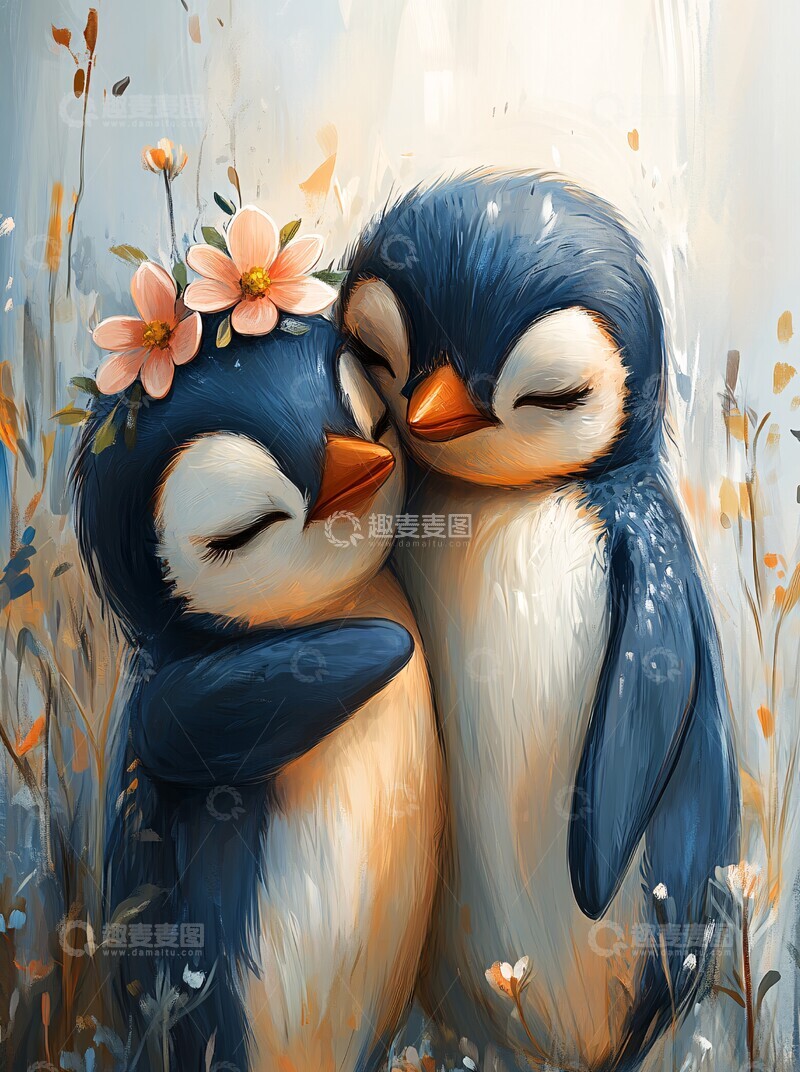 高清大图下载【趣麦麦图】企鹅母子花冠相拥