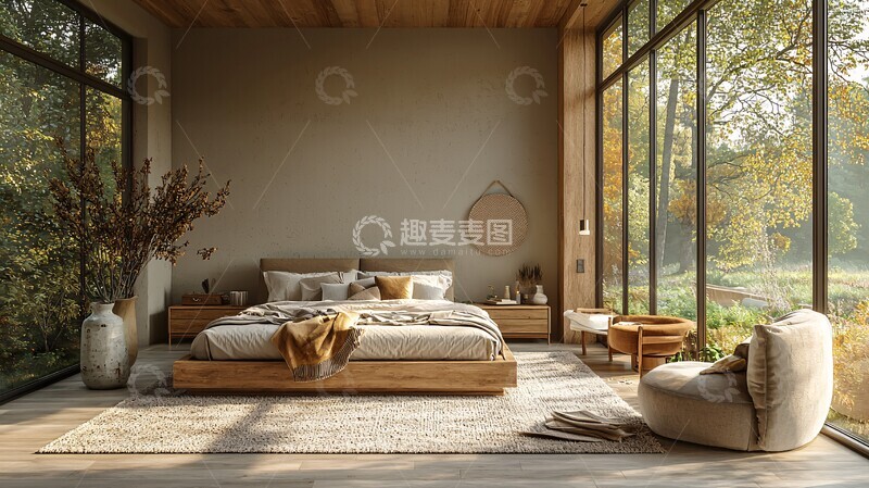 高清大图下载【趣麦麦图】浅灰卧室搭配原木床2