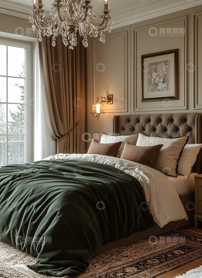 高清大图下载【趣麦麦图】灰色卧室绿色床