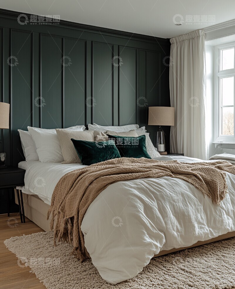 高清大图下载【趣麦麦图】白墙绿绒卧室3