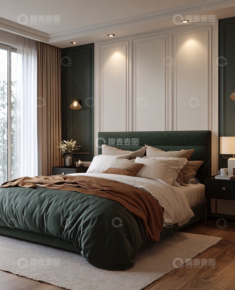 高清大图下载【趣麦麦图】白墙绿绒卧室2