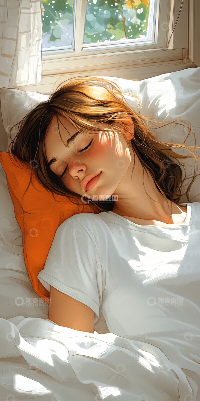 高清大图下载【趣麦麦图】女子睡在简约床铺