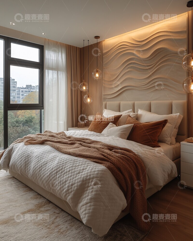 高清大图下载【趣麦麦图】-软绒床与几何壁画