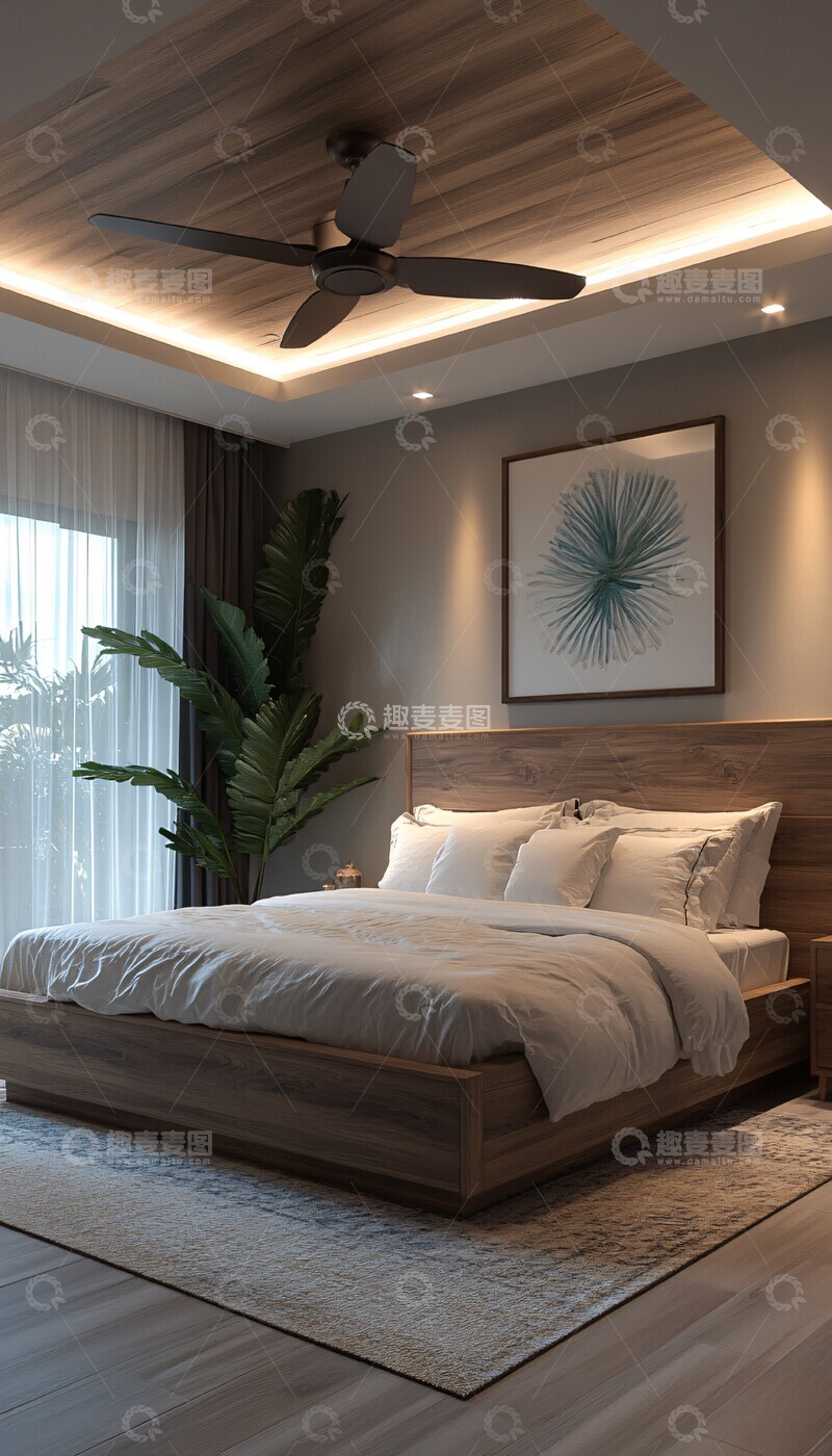 高清大图下载【趣麦麦图】现代木床自然光窗帘2