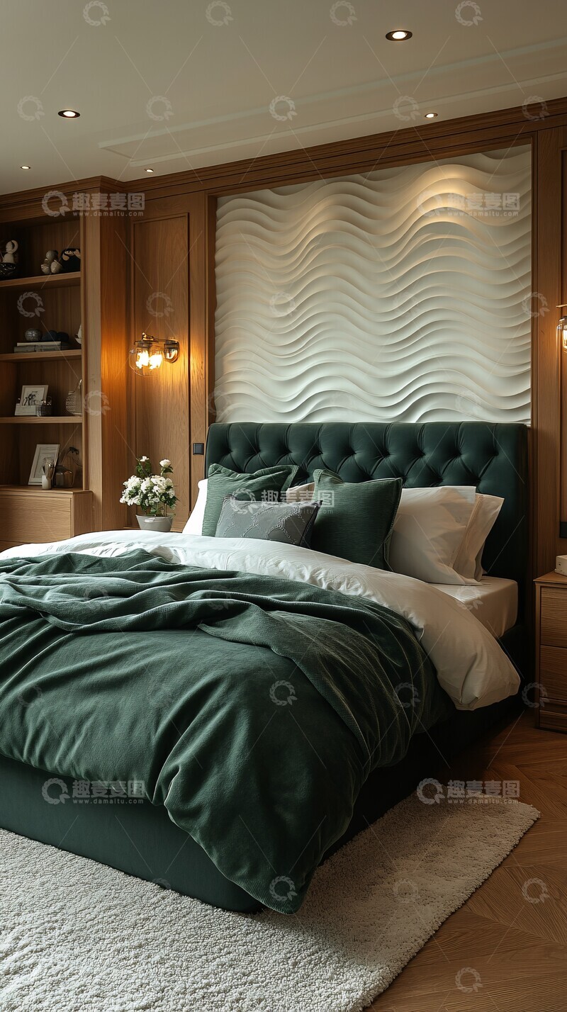 高清大图下载【趣麦麦图】-绿色绒床卧室