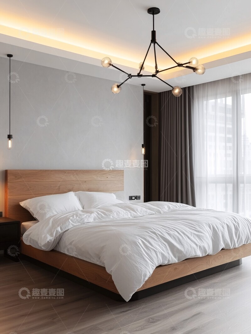 高清大图下载【趣麦麦图】木床白墙黑桌灯1