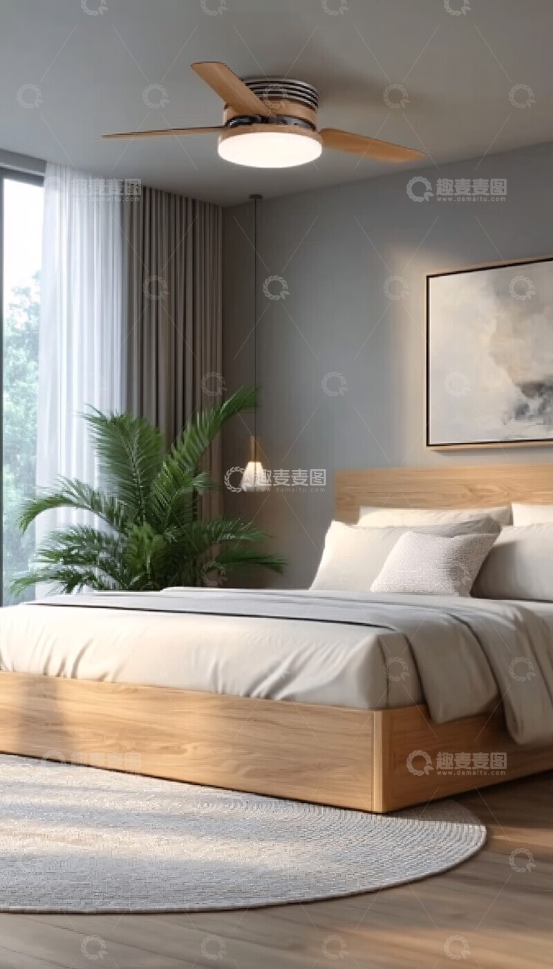 高清大图下载【趣麦麦图】现代木床自然光窗帘