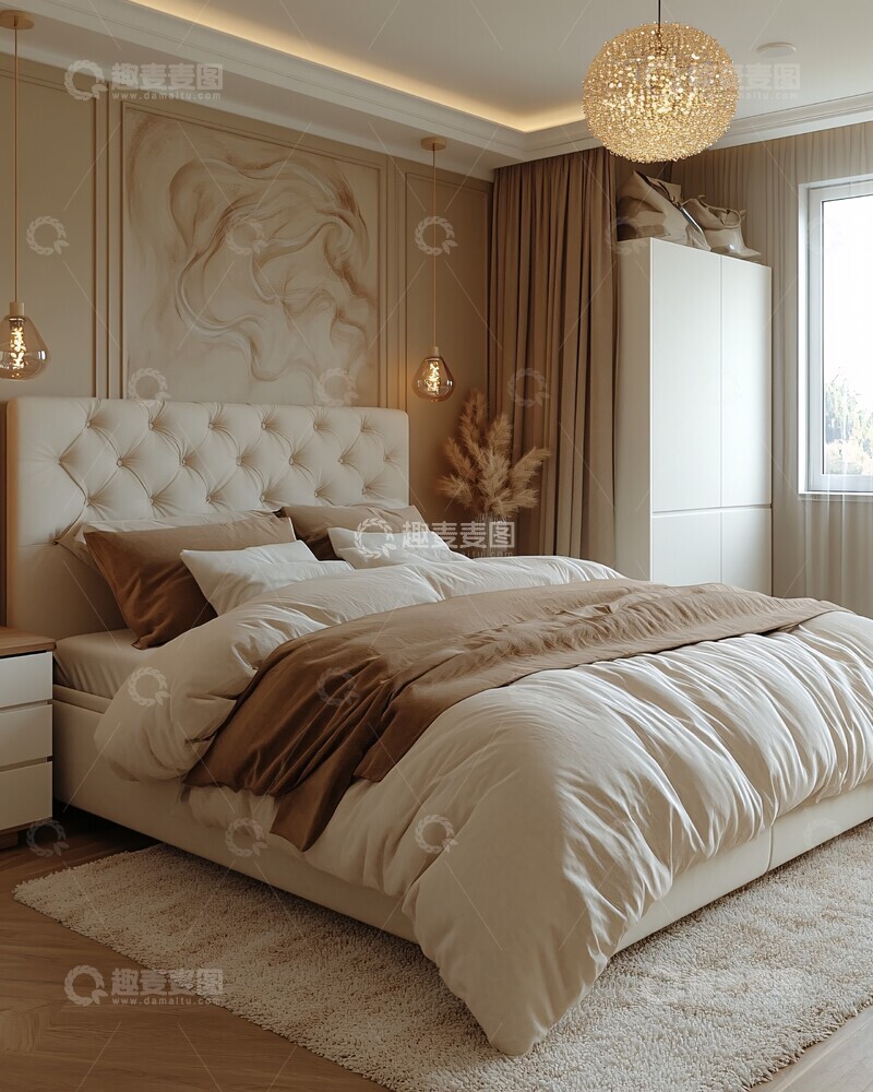 高清大图下载【趣麦麦图】-软绒床与几何壁画2