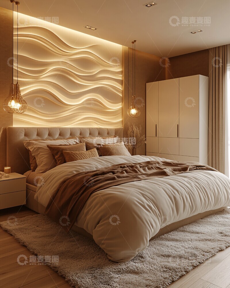 高清大图下载【趣麦麦图】-软绒床与几何壁画1