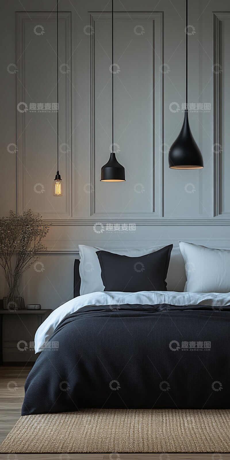 高清大图下载【趣麦麦图】-黑白对称卧室设计
