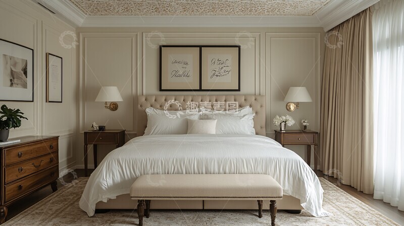 高清大图下载【趣麦麦图】白色墙面床头柜窗帘3