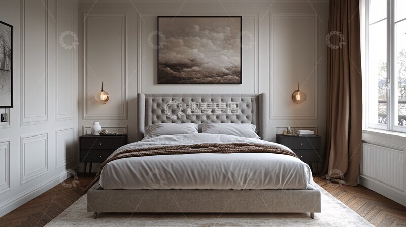 高清大图下载【趣麦麦图】灰床白墙木地板3