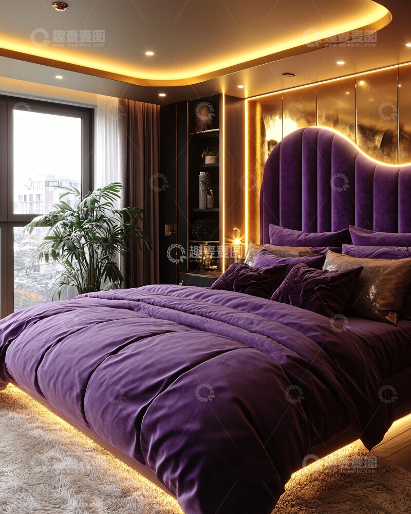 高清大图下载【趣麦麦图】紫色床与金色镜