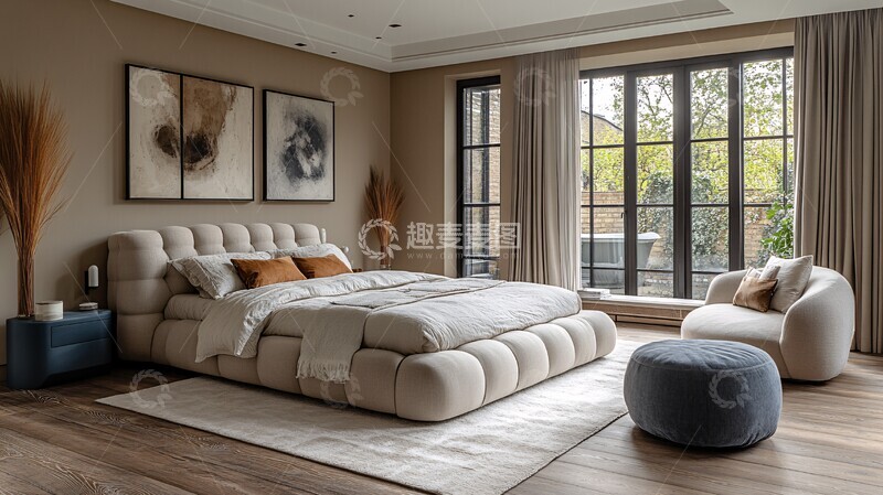 高清大图下载【趣麦麦图】白墙木地窗边床1
