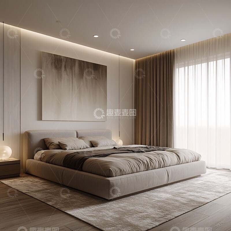 高清大图下载【趣麦麦图】白色墙面灰色床1