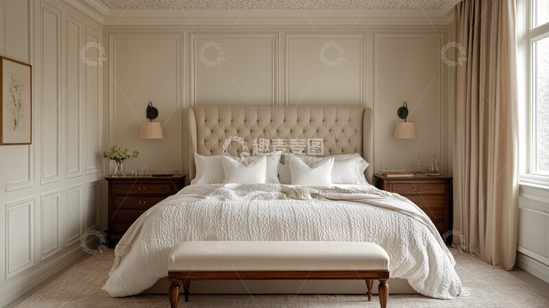 高清大图下载【趣麦麦图】白色墙面床头柜窗帘2