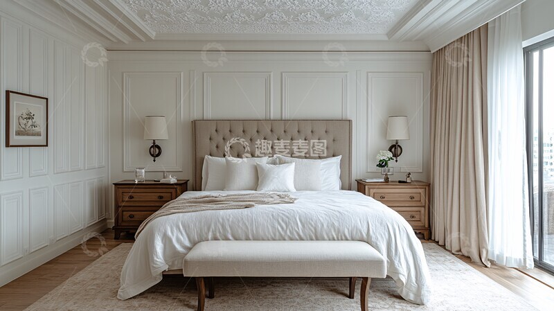 高清大图下载【趣麦麦图】白色墙面床头柜窗帘