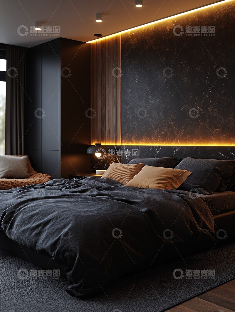 高清大图下载【趣麦麦图】黑色大理石墙面卧室