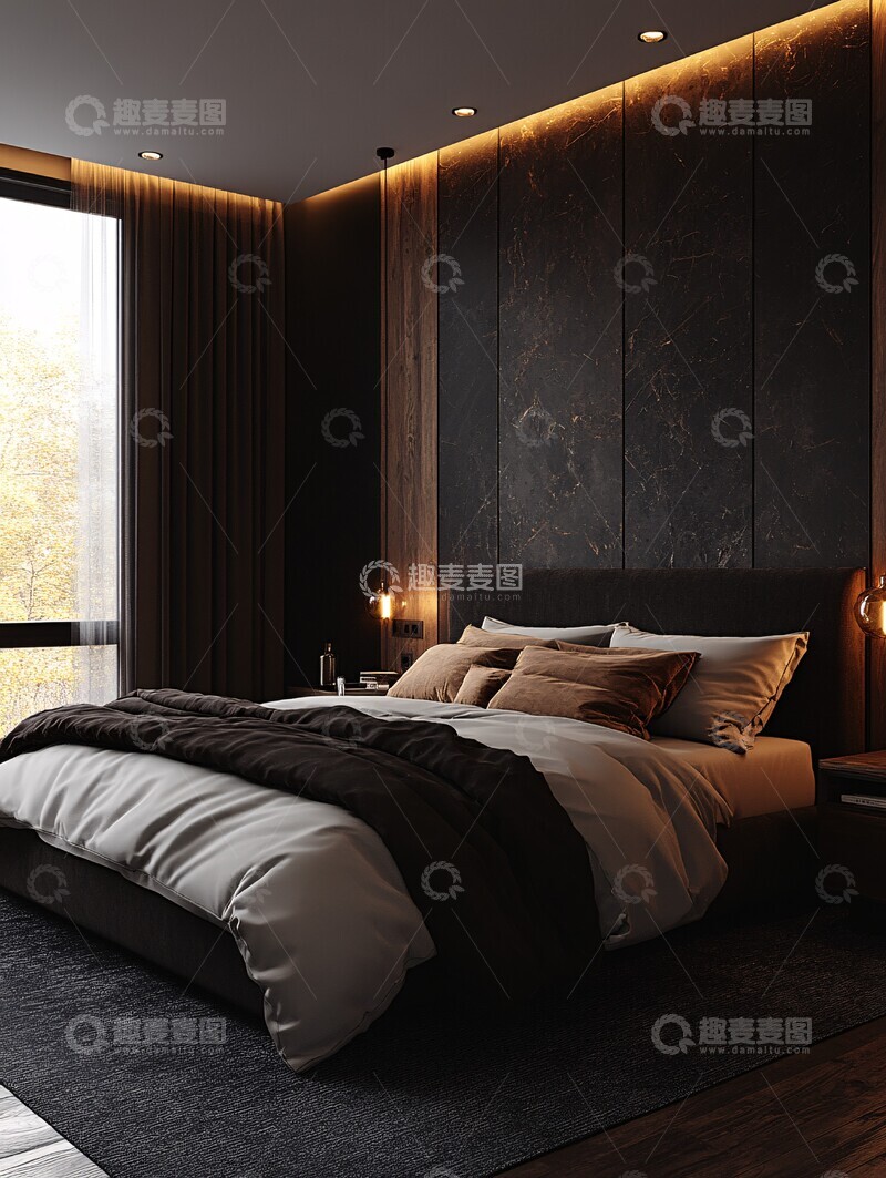 高清大图下载【趣麦麦图】黑色大理石墙面卧室1