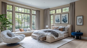 白墙木地窗边床