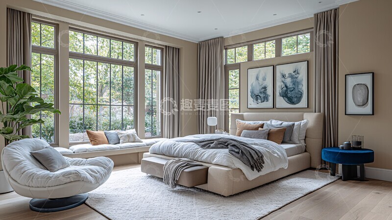 高清大图下载【趣麦麦图】白墙木地窗边床