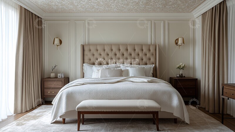 高清大图下载【趣麦麦图】白色墙面床头柜窗帘1