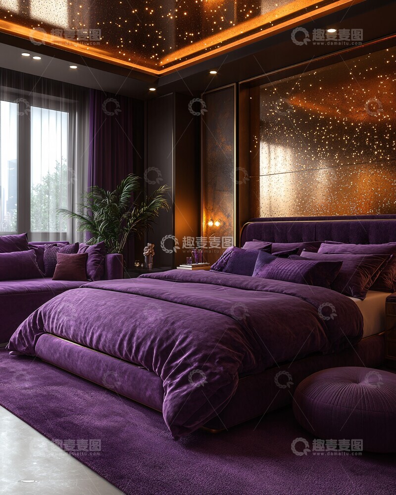 高清大图下载【趣麦麦图】紫色床与金色镜1
