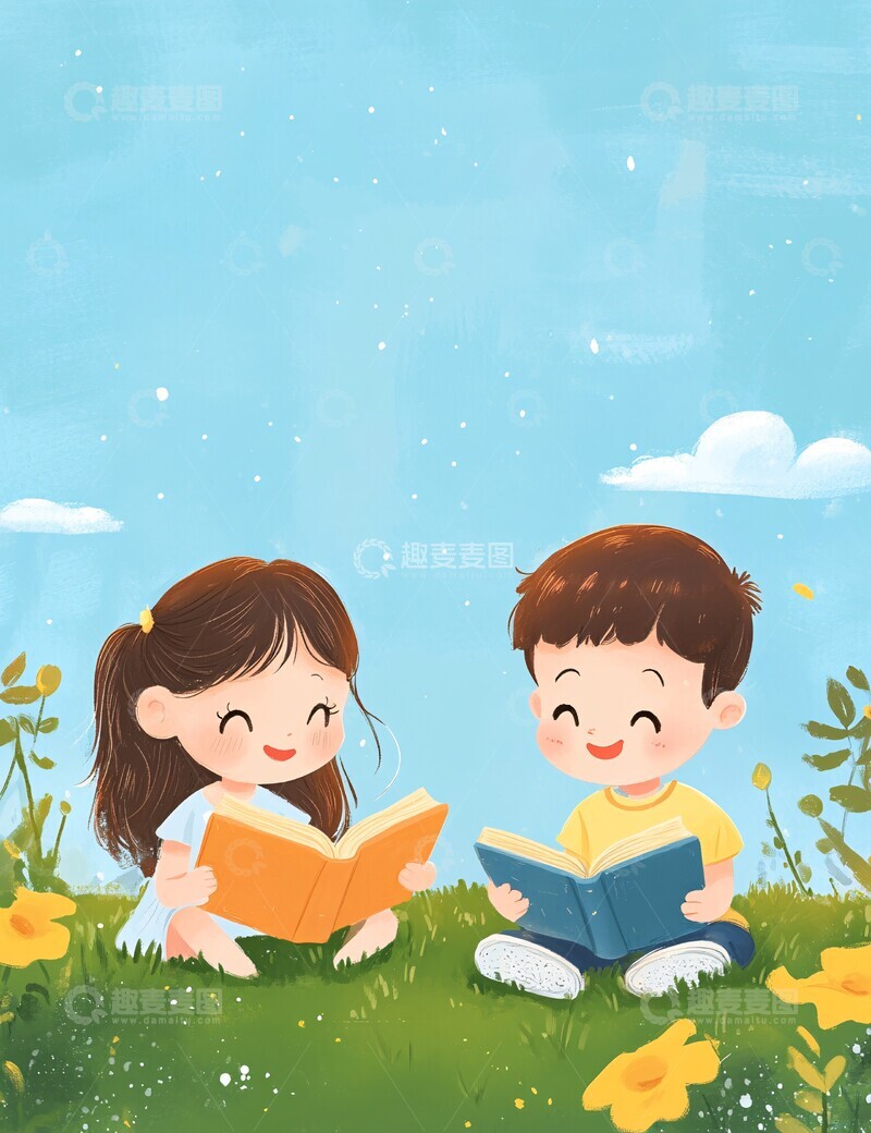 高清大图下载【趣麦麦图】女孩男孩草地读书2