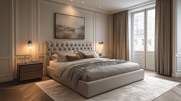 灰床白墙木地板