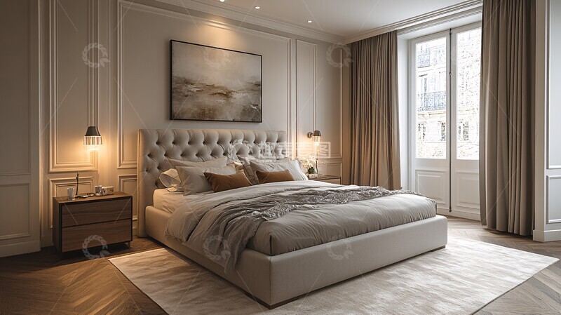 高清大图下载【趣麦麦图】灰床白墙木地板