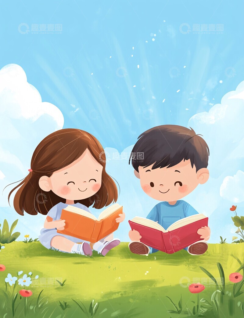 高清大图下载【趣麦麦图】女孩男孩草地读书1