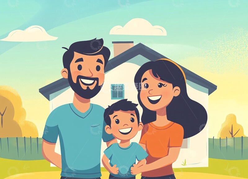 高清大图下载【趣麦麦图】新家前的幸福一家