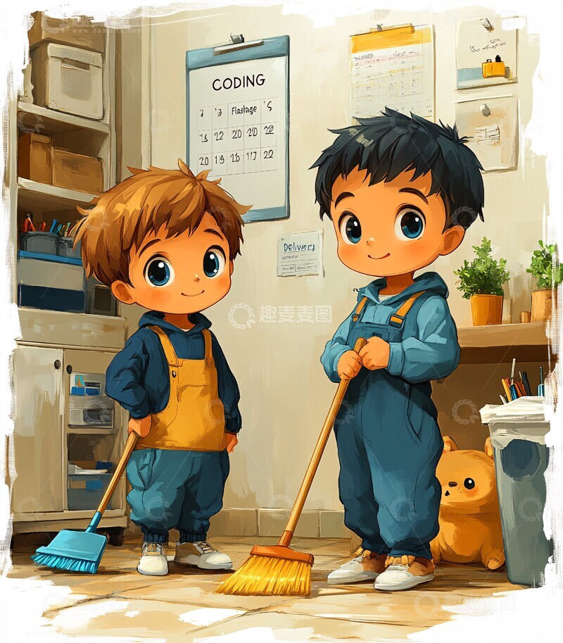 高清大图下载【趣麦麦图】打扫房间的小兄弟