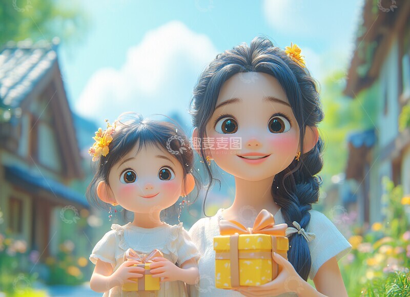 高清大图下载【趣麦麦图】母女携手喜迎礼物
