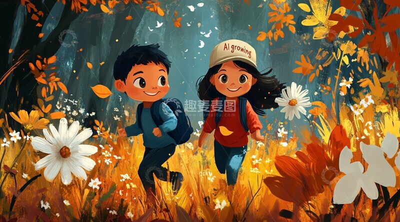 高清大图下载【趣麦麦图】森林奔跑的孩童