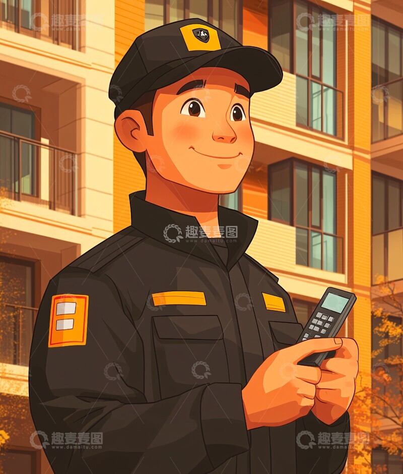 高清大图下载【趣麦麦图】保安站岗卡通插图