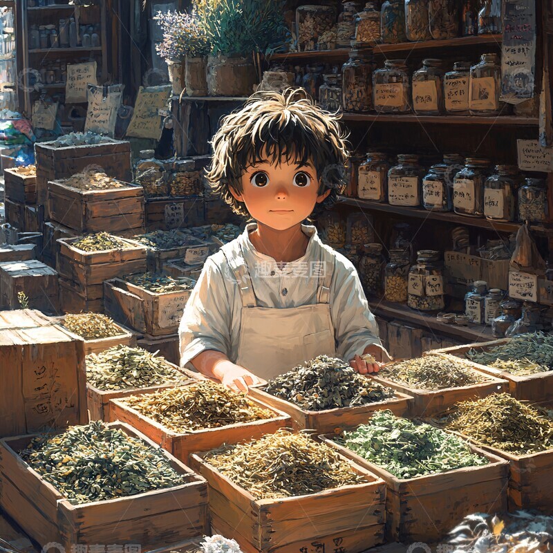 高清大图下载【趣麦麦图】学童与药材铺