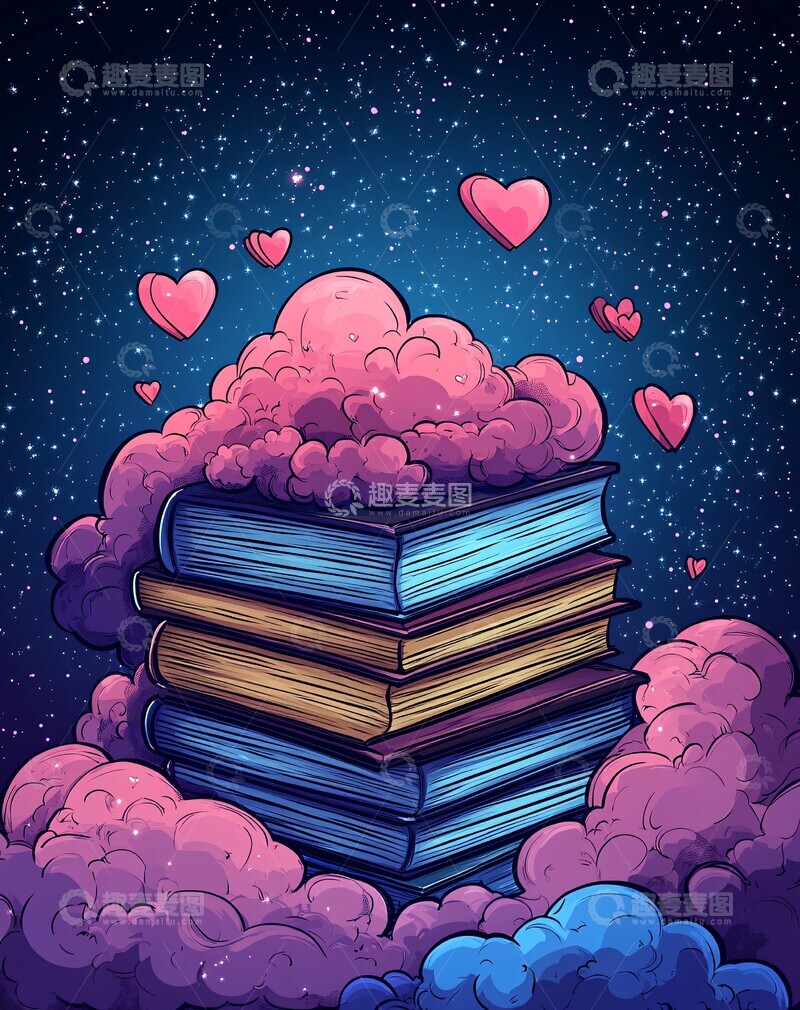 高清大图下载【趣麦麦图】书籍与爱心云彩1
