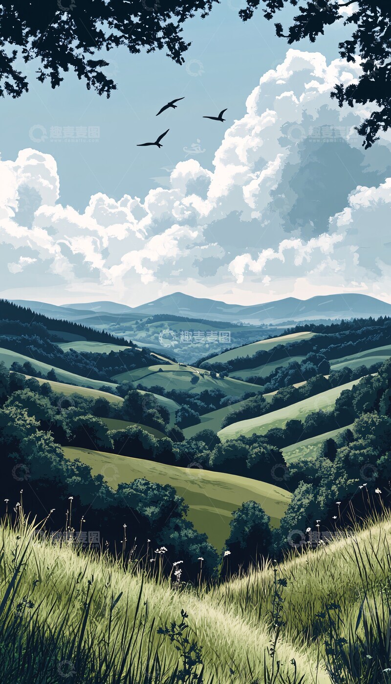 高清大图下载【趣麦麦图】绿色卡通山丘1