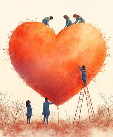 三人修补桃心桃