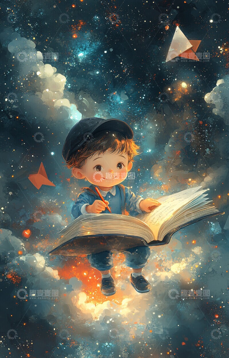 高清大图下载【趣麦麦图】男孩书上飞行写字